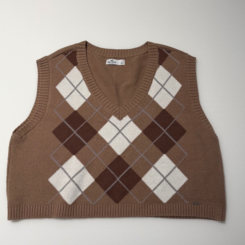 Hollister Argyle Knit Sweater Vest Brown Beige Diamond Pattern Size L